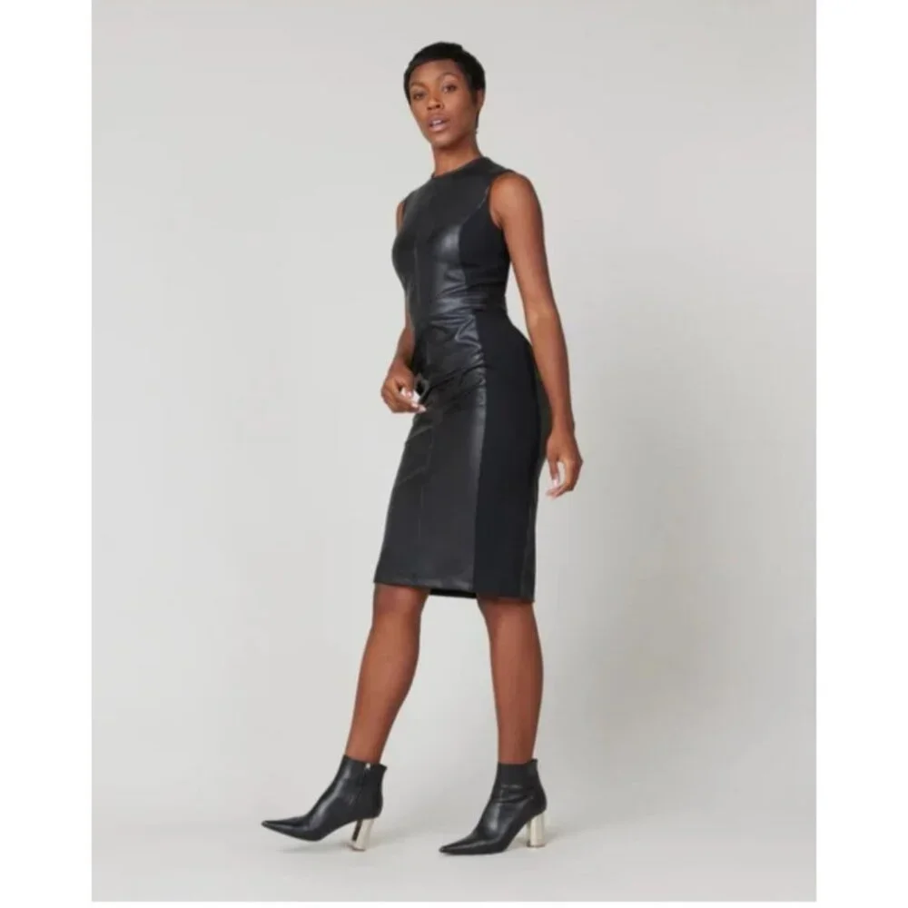 SPANX Dress Black Leather Like Combo Fitted M Delux Sheath Sleeveless 2039 - Picture 1 of 16